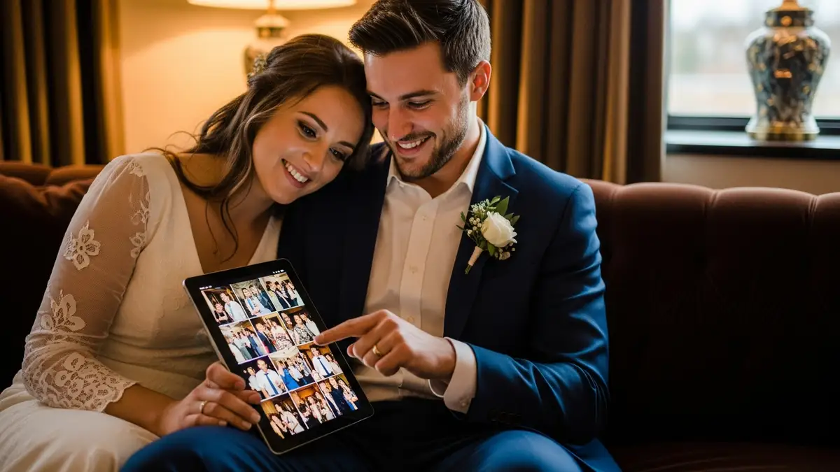 A newly married couple smiling as they discover the best way to share wedding photos using a wedding photo sharing app on a tablet.