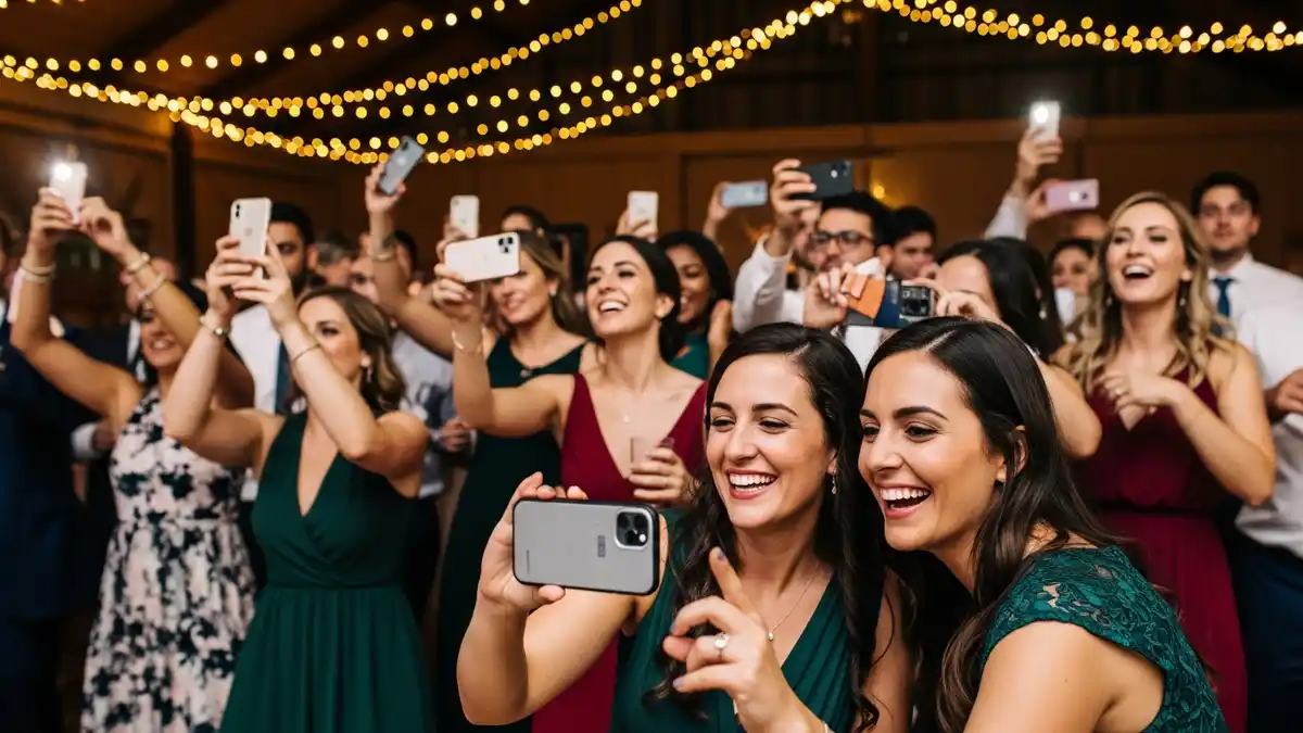 Happy wedding guests using their smartphones to take pictures and collect wedding photos from guests on the dance floor.