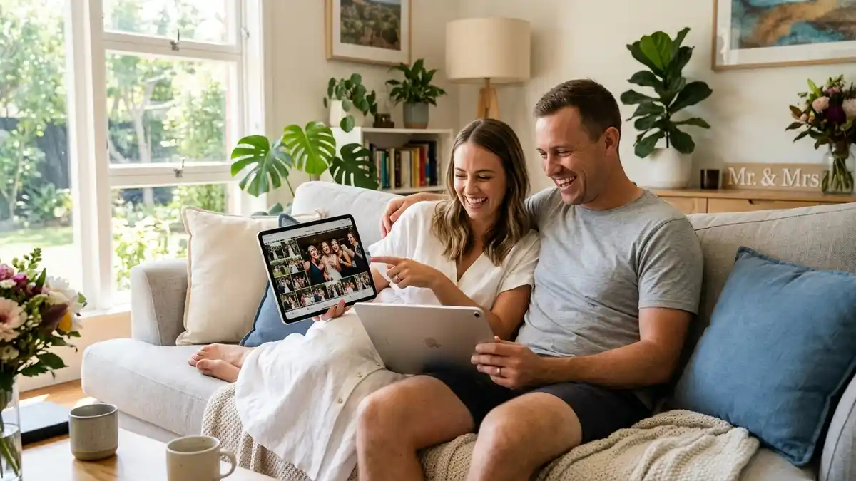 Couple viewing wedding photos wedibox vs guestpix