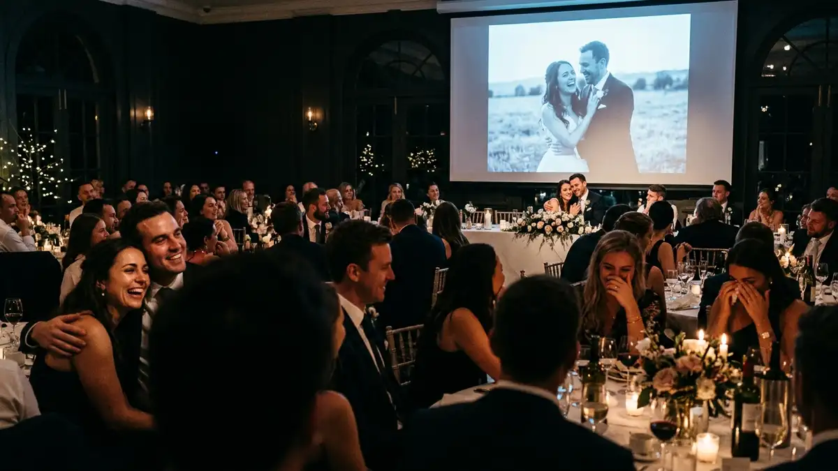 guests watching wedding slideshow at reception