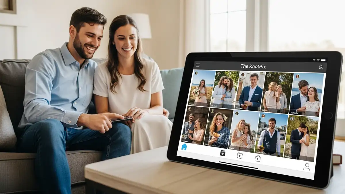 Couple viewing wedding guest photos on the KnotPix app.