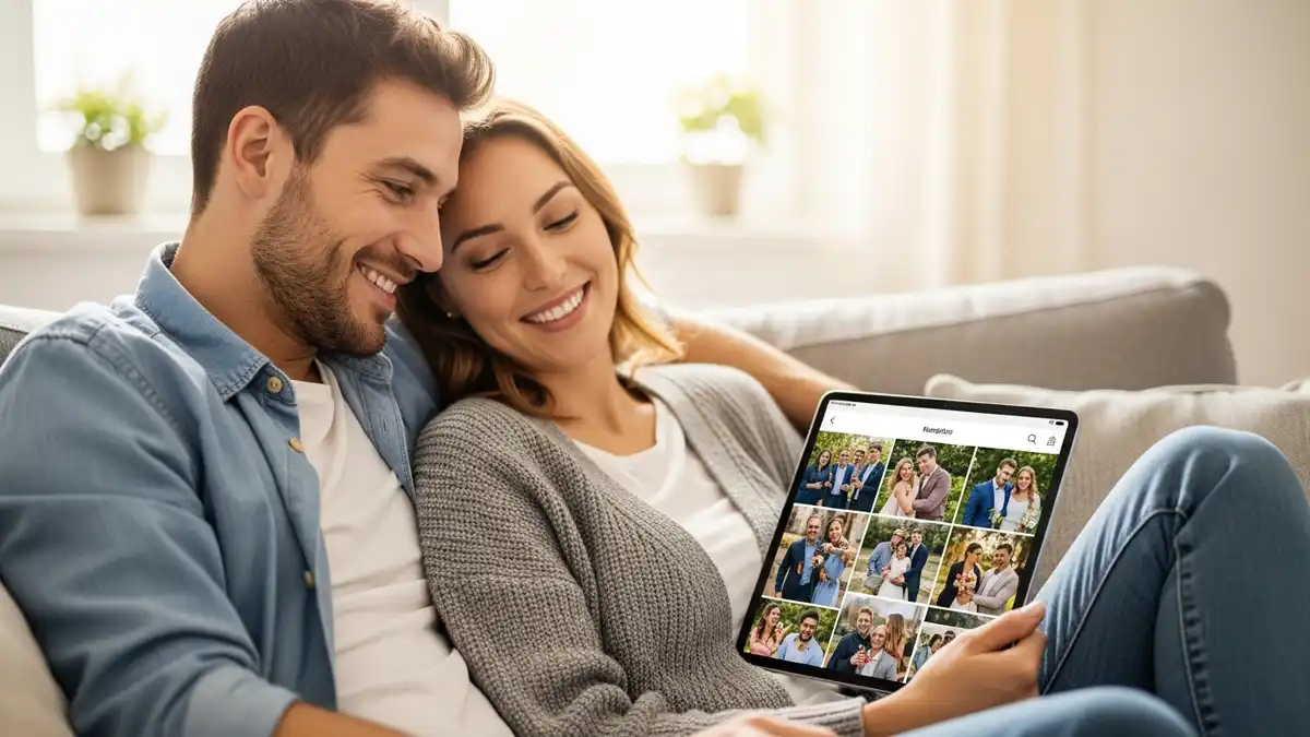 A couple looking through their shared digital wedding album on a tablet after their wedding.