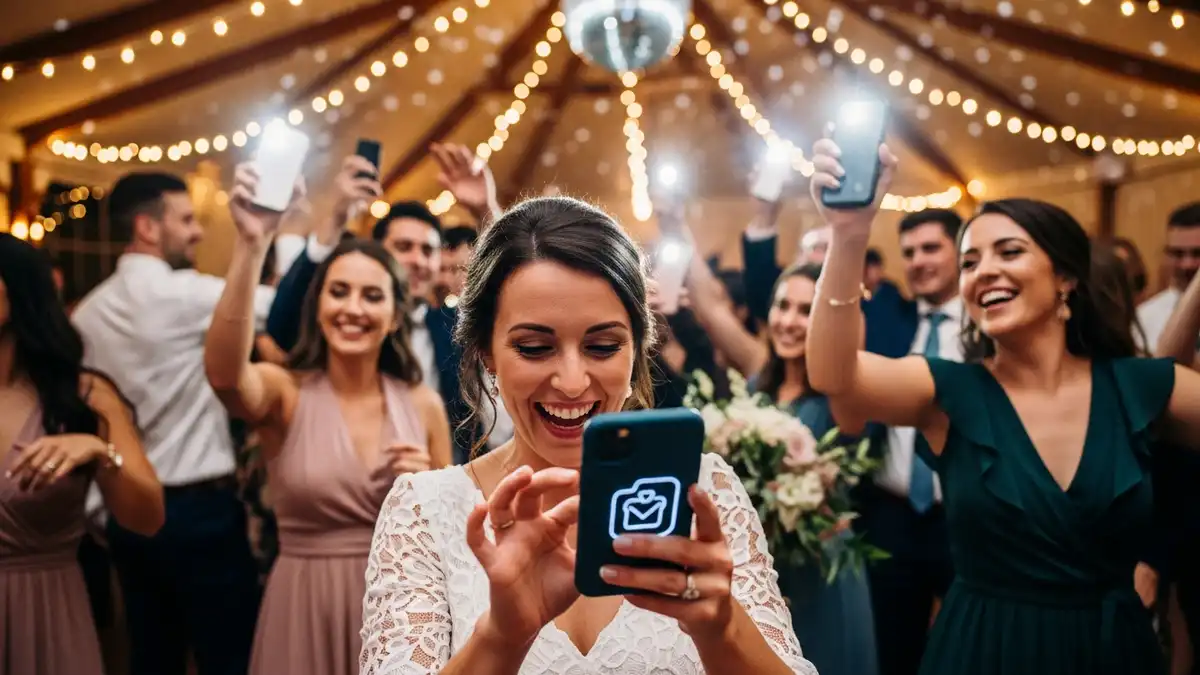 Guests happily using their phones to upload photos to a wedding photo sharing app.