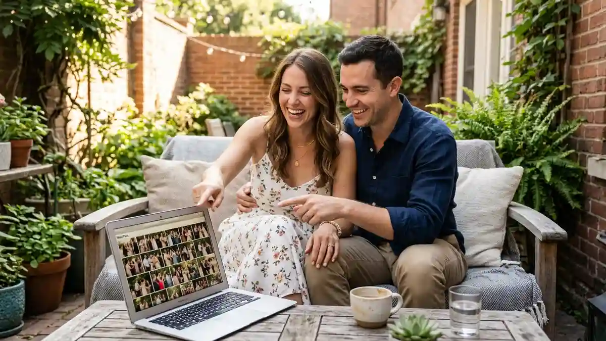 Couple viewing private wedding gallery on laptop