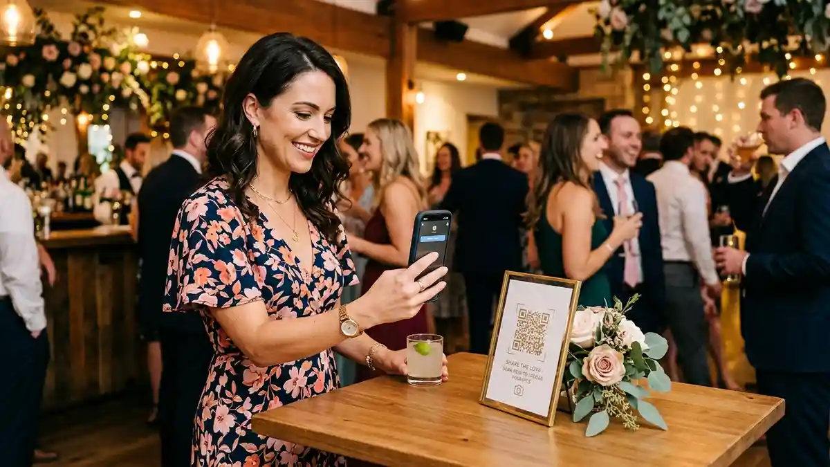 Guest scanning QR code to upload wedding photos