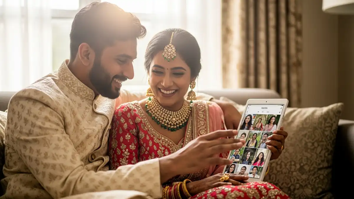 A newlywed couple happily looking at photos from guests on a tablet.