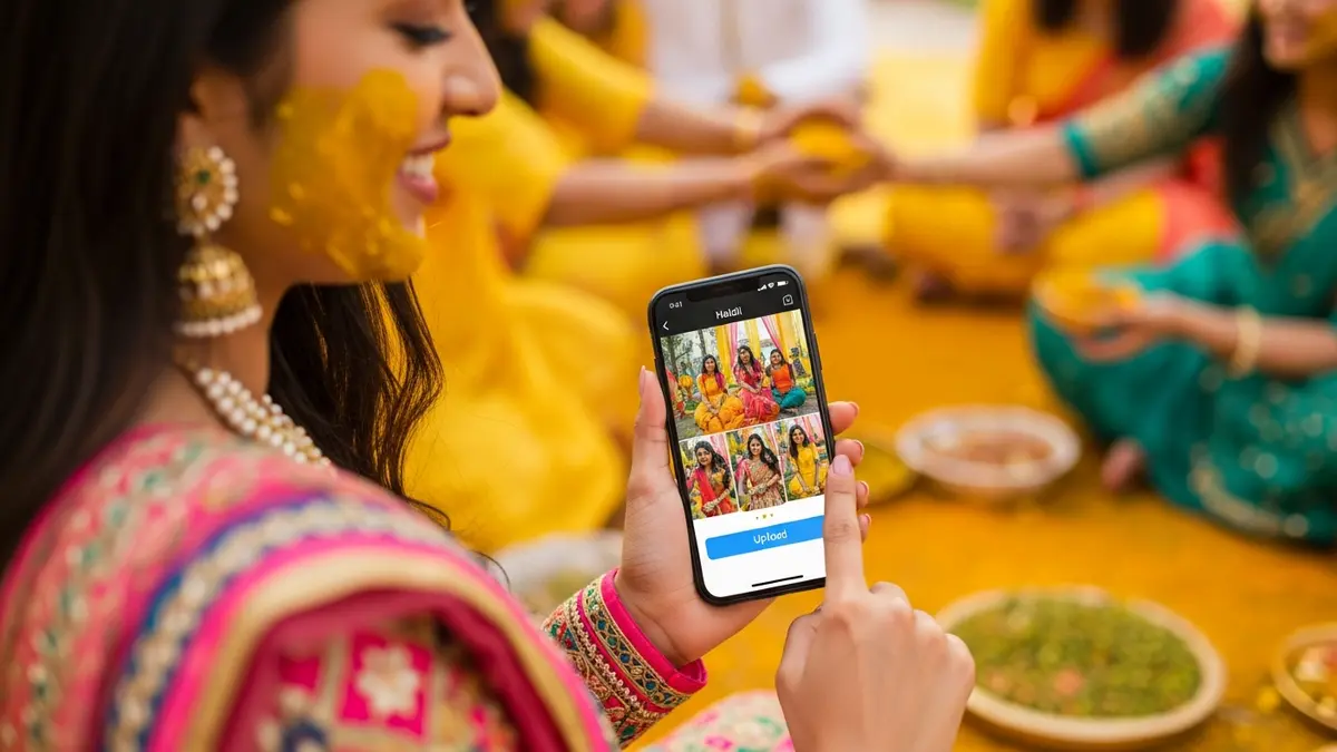 A guest easily uploading photos to a wedding photo sharing app during a Haldi ceremony.