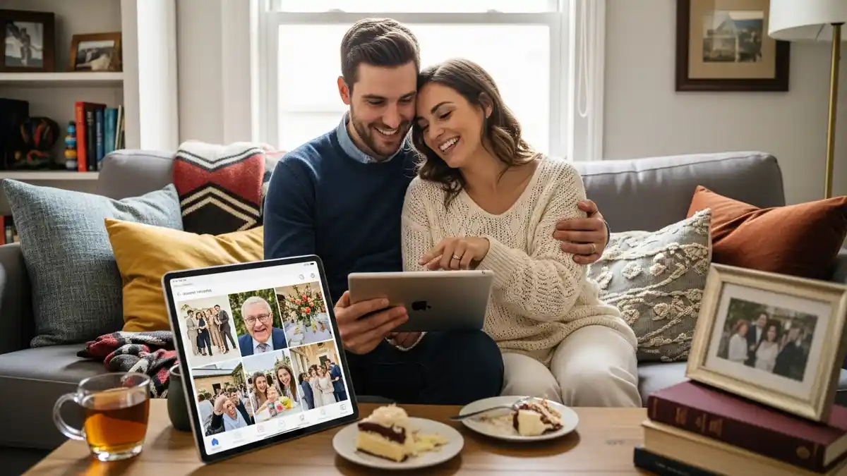 couple viewing guest wedding photos on tablet