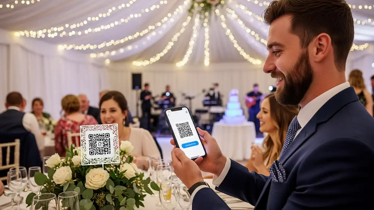 guest scanning qr code for wedding pictures