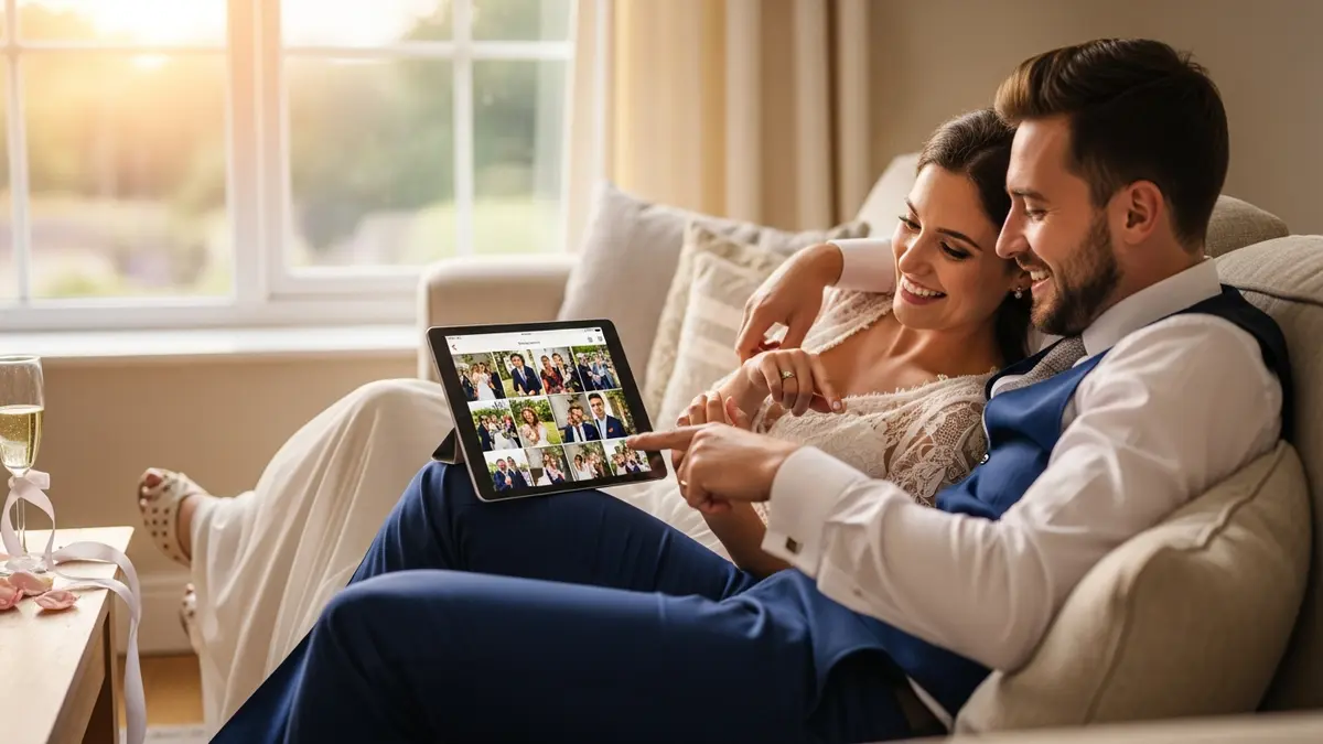 couple viewing wedding photo app gallery